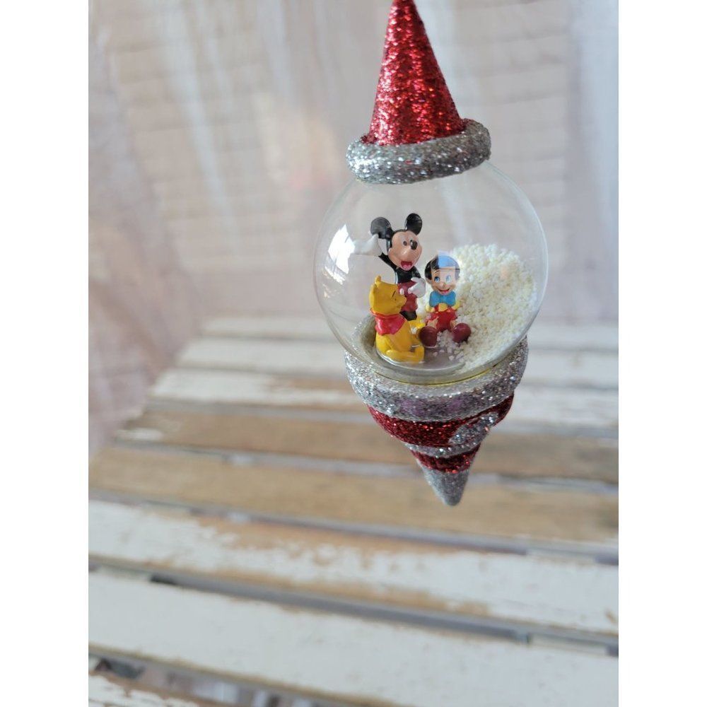 Mickey Pinocchio Winnie Pooh snow glass globe ornament Xmas holiday tree sparkle